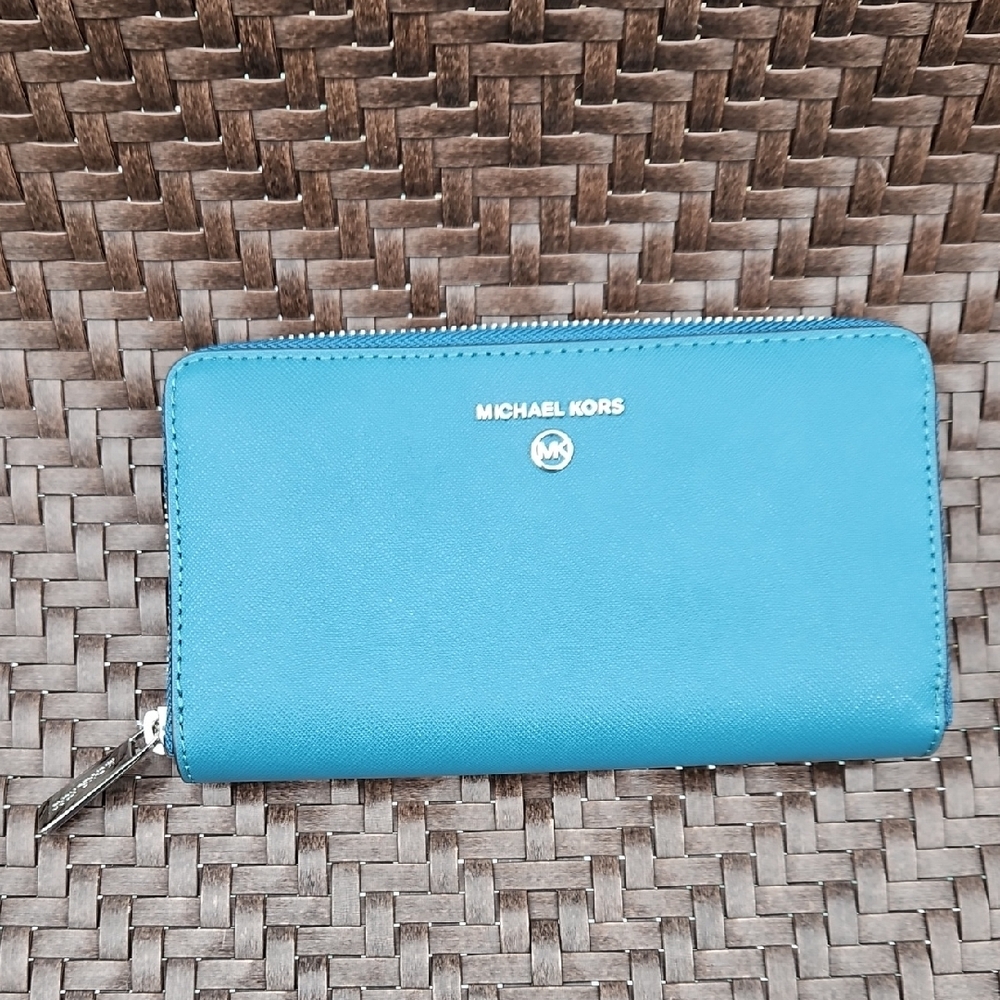 Michael Kors Jet Set Dark Cyan Zip Around Leather Wallet NWT